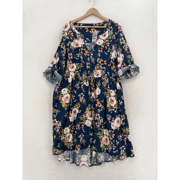 torrid Dresses & Skirts - Torrid Dress Womens 2X Blue Floral 3/4 Bell Sleeve Fit & Flare Stretch Midi NWT